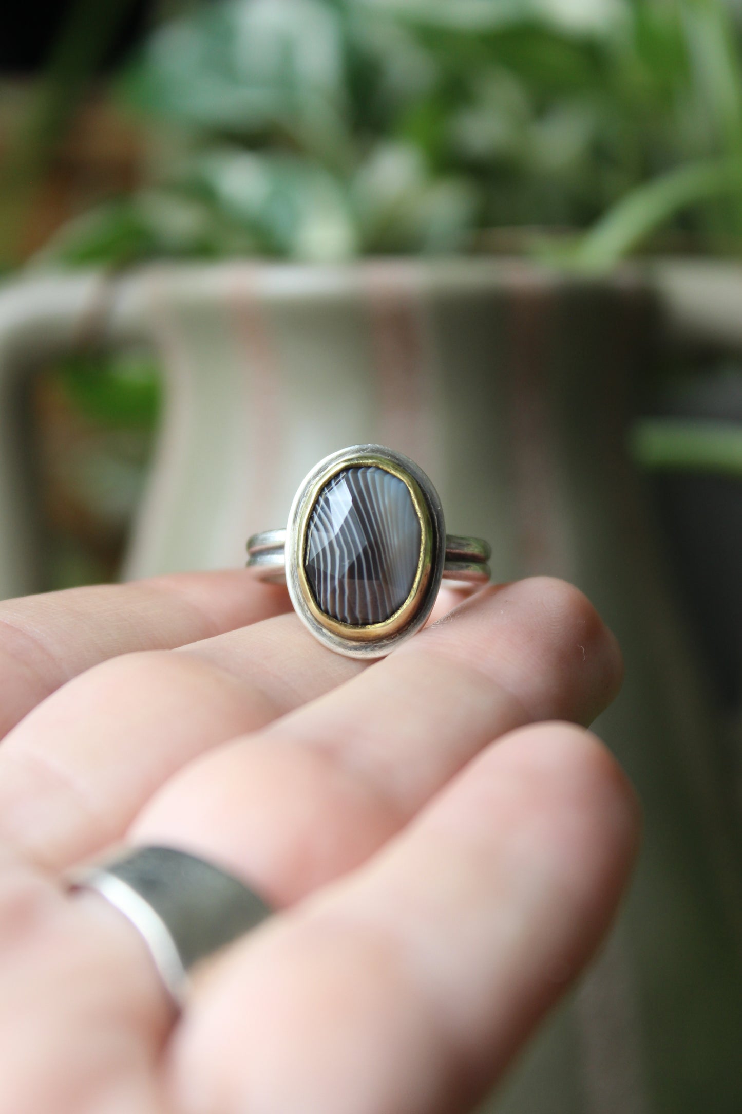 Banded Agate set in Brass and Sterling Silver