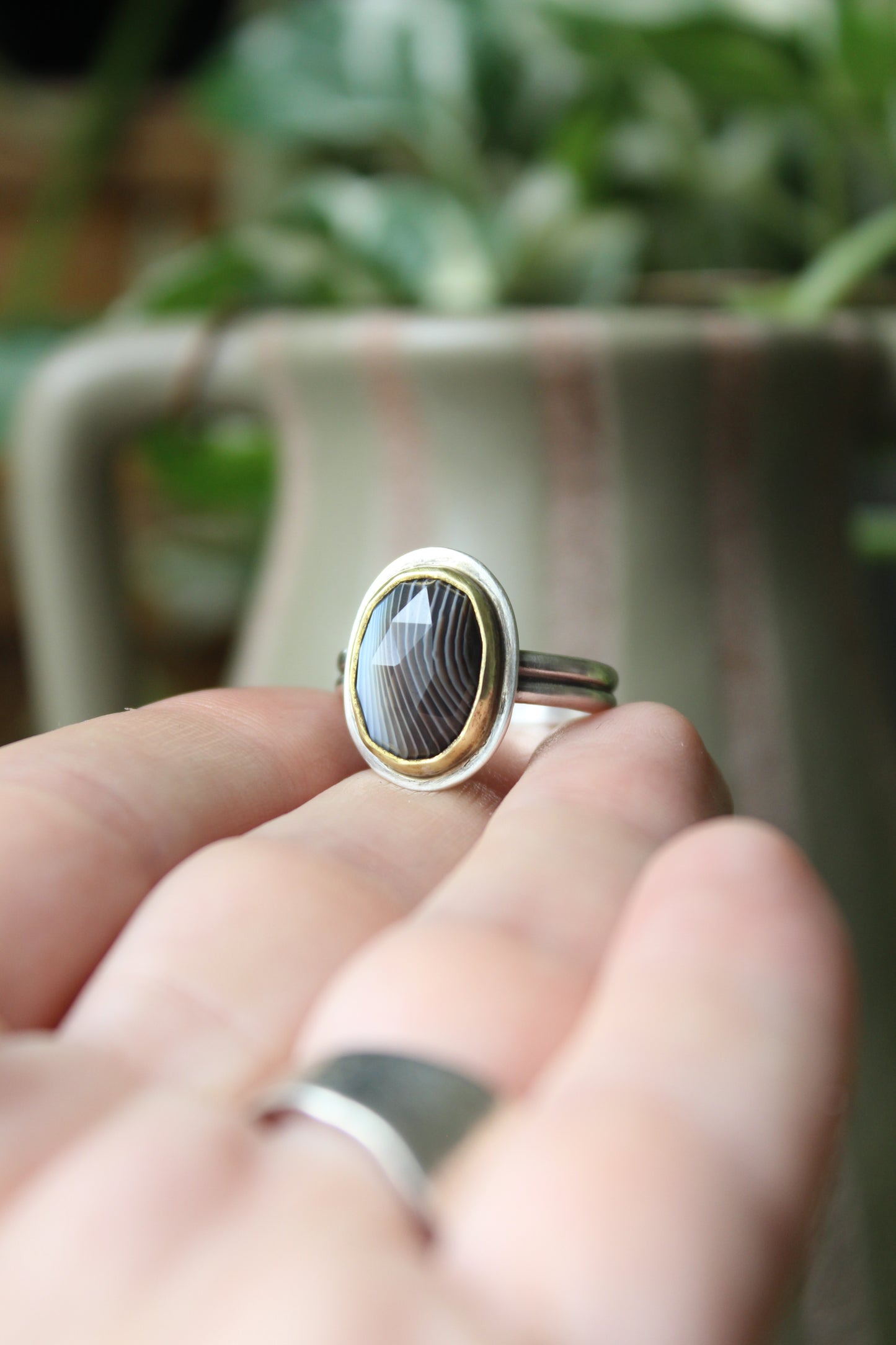 Banded Agate set in Brass and Sterling Silver